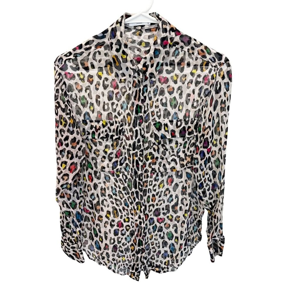 Equipment Femme White Multicolor Leopard Print Sheer Silk Blouse - Size XS